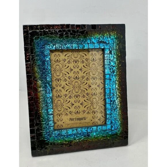 Pier 1 Imports Turquoise Mosaic Iridescent Glass Picture Frame For 5x7 Photo - Picture 13 of 16